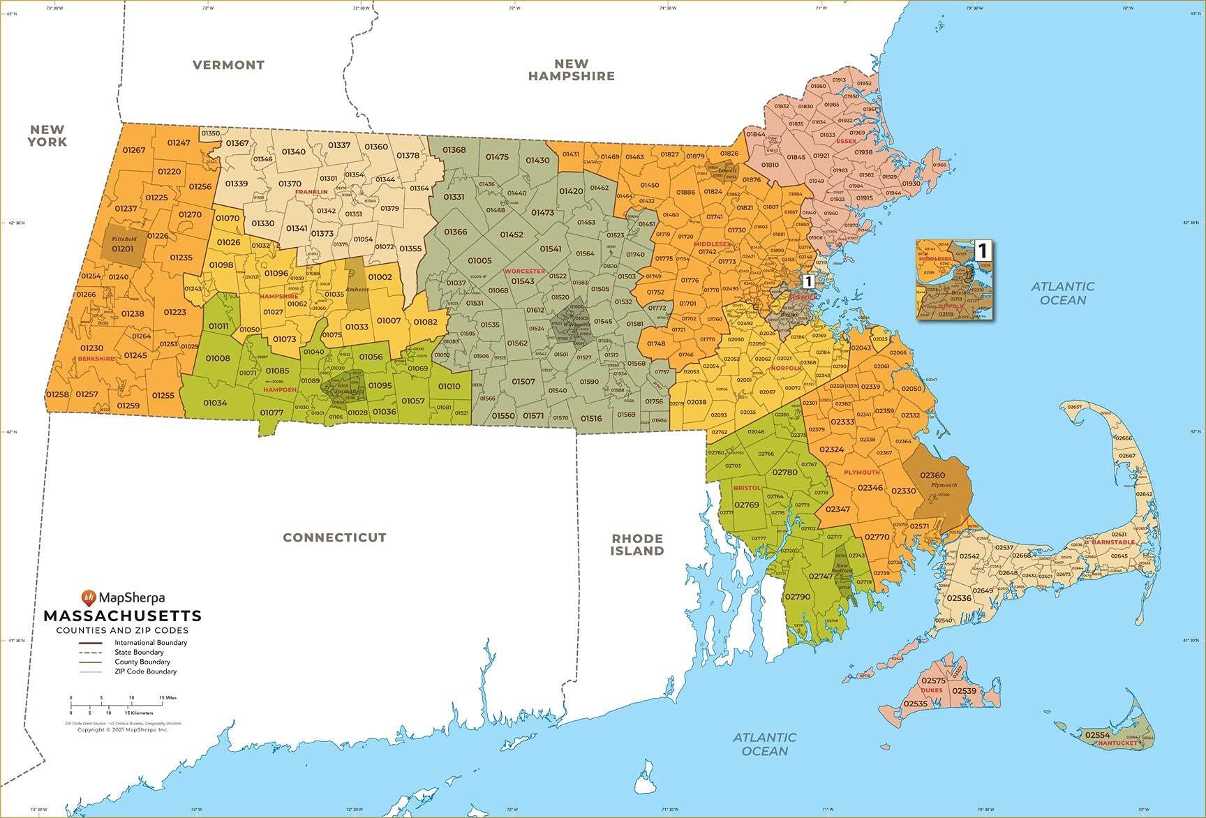 Amazon.com: Massachusetts ZIP Code Map with Counties - Standard